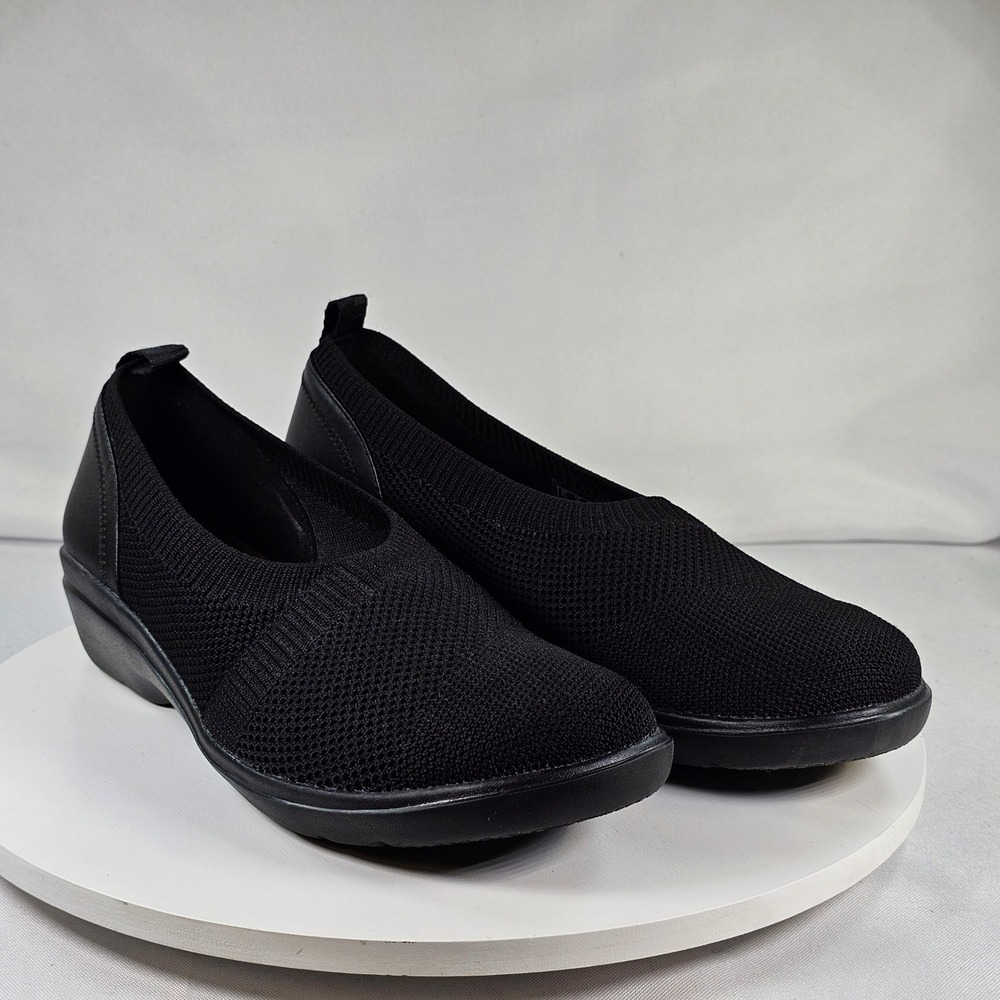Clarks Collection Sashlyn Cloudsteppers Black Knit Slip On Wedge‎ Shoes Womens 8